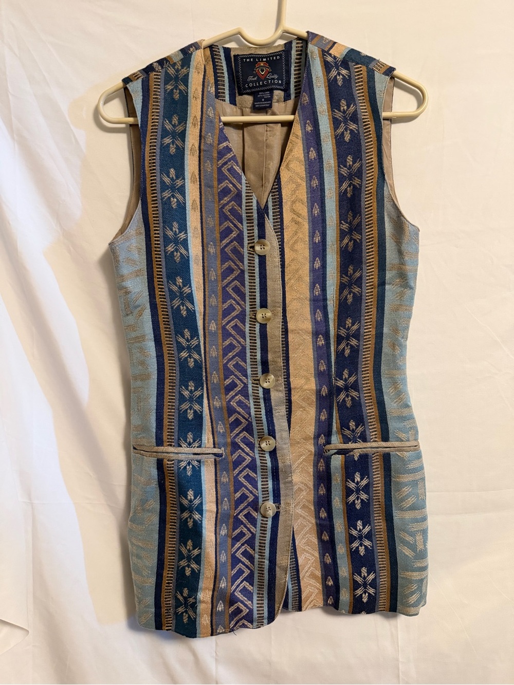 The Limited Blue and Tan Striped Sleeveless Button Vest Dress